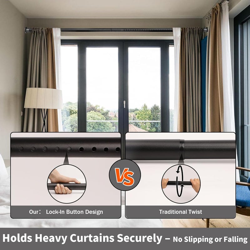 Hoople Heavy Duty Tension Curtain Rod 102-120 Inch, 1.27"Diameter No Drilling Adjustable Rod for Shower Windows Bathroom Bedroom Patio, Renter Friendly, Non-Slip Telescoping Design, Black - Image 2